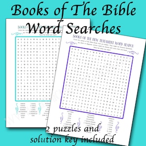 May include: Two printable word search puzzles featuring the books of the Bible. The first puzzle is for the Old Testament and the second puzzle is for the New Testament. The puzzles are printed on a light blue background with a purple border.