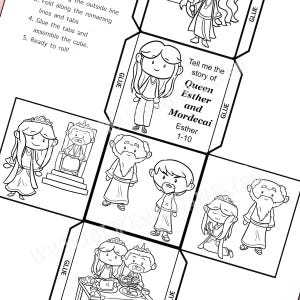 May include: A black and white illustrated cube with images of Queen Esther and Mordecai. The cube features the text "Tell me the story of Queen Esther and Mordecai Esther 1-10" and instructions for assembly.