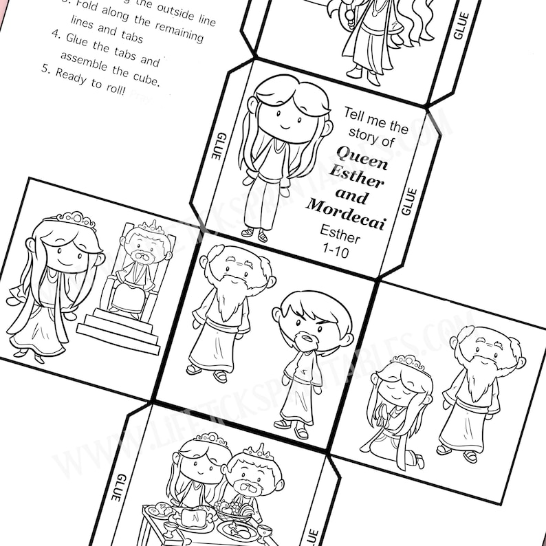 May include: A black and white illustrated cube with images of Queen Esther and Mordecai. The cube features the text "Tell me the story of Queen Esther and Mordecai Esther 1-10" and instructions for assembly.