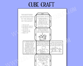 May include: A black and white printable cube craft sheet titled The Beatitudes Cube Craft. It features instructions, text from Matthew 5:1-12, and illustrations including a crown, a chalice with bread, three crosses, and a heart with a dove.
