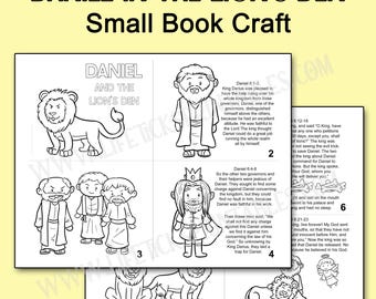 May include: A printable black and white small book craft titled Daniel in the Lion's Den. The pages feature line art illustrations of Daniel, lions, and a king, accompanied by printed text from Daniel 6:1-23, with numbered pages from 2 to 8.