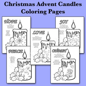Puede incluir: Páginas para colorear en blanco y negro con velas con temas navideños. Cada vela tiene una palabra diferente: Esperanza, Amor, Alegría, Paz y Cristo. Cada palabra va acompañada de un versículo bíblico.