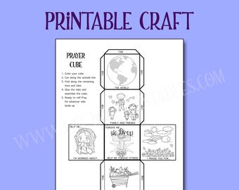May include: A black and white printable prayer cube craft template on a white sheet. The layout includes instructions and six square panels featuring illustrations of the world, family, friends, a crying person, a cross, a rainbow, and a wheelbarrow.