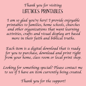 May include: Pink background with black text that reads "Thank you for visiting LIFETICKS PRINTABLES." The text describes digital printables for families, schools, and churches. It mentions learning activities, crafts, and visual display art based on faith and biblical truths.