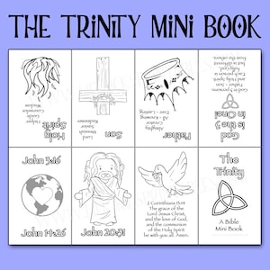 May include: A black and white mini book titled "The Trinity Mini Book" with illustrations of religious symbols and figures. The book includes text from the Bible, such as John 3:16, John 14:26, and John 20:31.