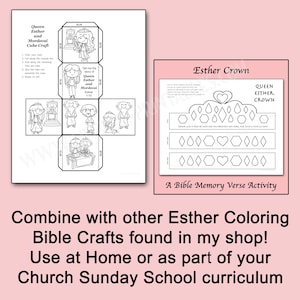May include: Black and white printable craft sheets for a Queen Esther and Mordecai cube and an Esther crown. The cube craft includes instructions and illustrations of characters. The crown sheet has a Bible verse activity.