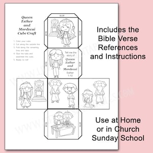 May include: A black and white printable cube craft featuring illustrations of Queen Esther and Mordecai, with instructions and Bible verse references. The cube is designed for coloring and assembly, suitable for Sunday school or home use.