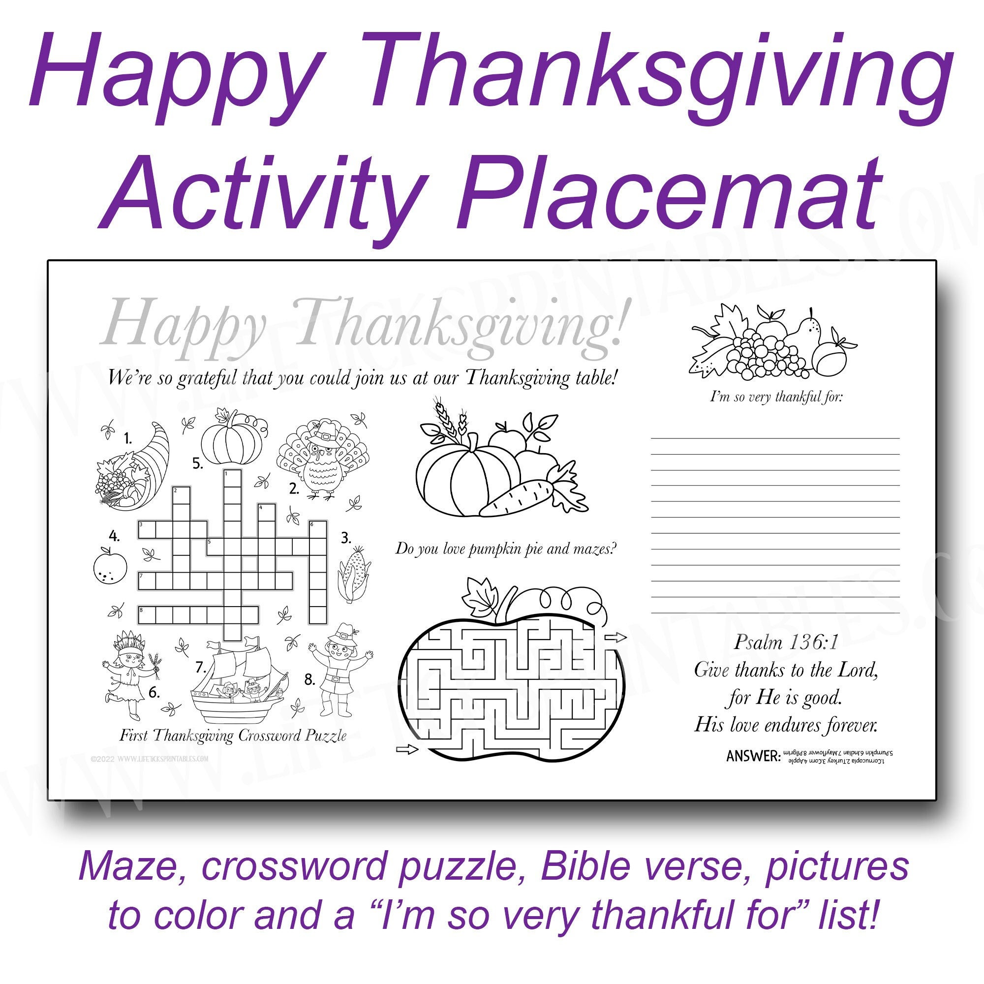 Happy Thanksgiving Printable Activity Coloring Placemat | for Tweens ...