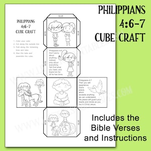 May include: A black and white printable cube craft template featuring Philippians 4:6-7. The sheet includes instructions, illustrations of children, a horse, a dog, and a dove, along with the Bible verses printed in clear text for assembly.