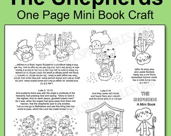 May include: A black and white printable mini book craft titled The Shepherds. The sheet features line art illustrations of shepherds, sheep, angels, and a manger scene, accompanied by text from the Bible verses Luke 2:8-16 for coloring.
