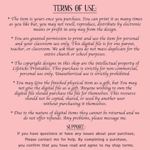 May include: A digital document with the text "TERMS OF USE" at the top. The document outlines the terms for using a digital product, including printing rights, copyright information, and refund policies. The background is a light pink color.