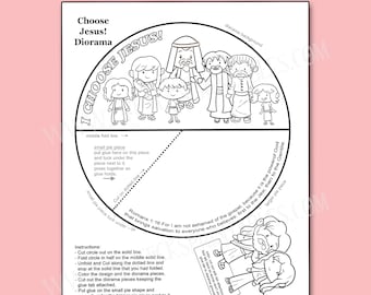 May include: A black and white printable diorama craft sheet titled Choose Jesus! featuring a circular design with cartoon figures, instructions, and the text Romans 1:16. The page includes cut lines, fold lines, and assembly directions for a paper project.
