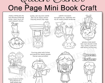 May include: A black and white printable one-page mini book craft titled Queen Esther. The sheet features eight distinct cartoon illustrations with accompanying text panels that narrate the biblical story of Queen Esther, King Xerxes, and Haman.