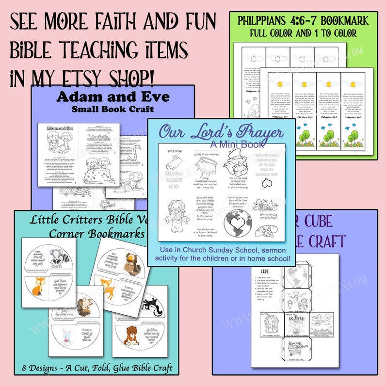 May include: A collection of Bible teaching items, including bookmarks, mini-books, and crafts. The image features various designs, such as Adam and Eve, Our Lord's Prayer, and Little Critters. The text includes "See More Faith and Fun" and "Bible Teaching Items".