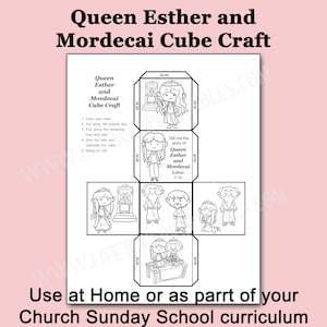 May include: Black and white printable cube craft featuring illustrations of Queen Esther and Mordecai, with instructions and text. The text reads "Queen Esther and Mordecai Cube Craft" and "Use at Home or as part of your Church Sunday School curriculum."