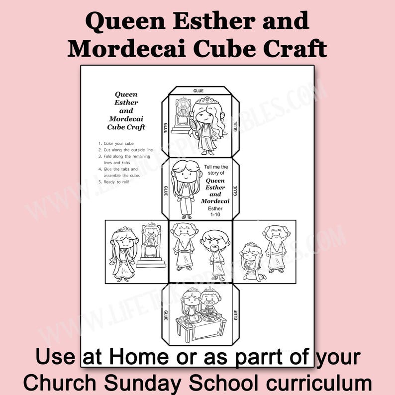 May include: Black and white printable cube craft featuring illustrations of Queen Esther and Mordecai, with instructions and text. The text reads "Queen Esther and Mordecai Cube Craft" and "Use at Home or as part of your Church Sunday School curriculum."
