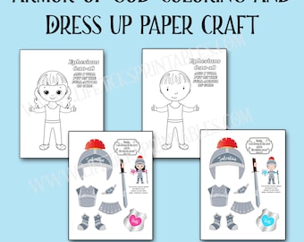 May include: Armor of God colouring and dress up paper craft set featuring two character outlines, two pages of cut-out armour pieces including helmets, swords, and shields with text from Ephesians 6:10-18, designed for home or Sunday school use.
