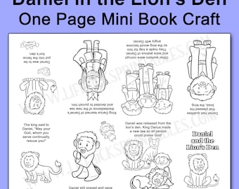 May include: A black and white printable mini book craft sheet titled Daniel in the Lion's Den. The page features eight sections with line art illustrations of Daniel, lions, and an angel, accompanied by text narrating the biblical story.