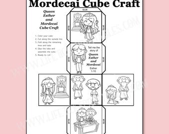 May include: A black and white printable paper craft sheet titled Queen Esther and Mordecai Cube Craft. The page features a flat cube template with illustrations of characters, instructions, and glue tabs for assembly into a 3D cube shape.