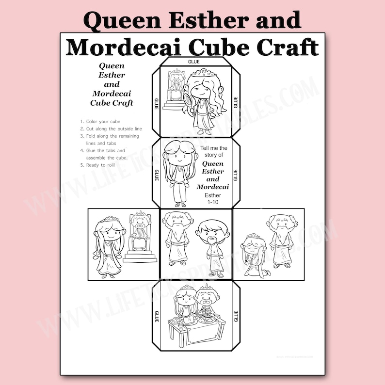May include: Black and white printable cube craft featuring illustrations of Queen Esther and Mordecai. The cube design includes instructions, character drawings, and the text "Queen Esther and Mordecai Cube Craft."