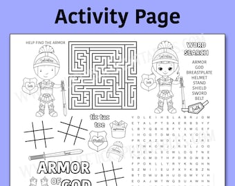 May include: A black and white activity page titled Armor of God Activity Page featuring two cartoon figures in armor, a maze, tic tac toe grids, and a word search puzzle. The text includes Armor, God, Breastplate, Helmet, Stand, Shield, Sword, and Belt.