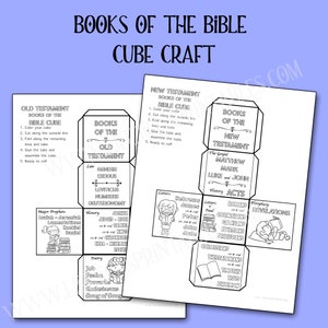 May include: Two printable worksheets for a Bible cube craft. The text on the worksheets reads "Books of the Bible Cube Craft". One worksheet is for the Old Testament and the other is for the New Testament. Each cube face lists books of the Bible.