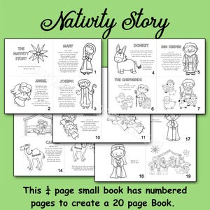 May include: A printable Nativity Story booklet featuring black and white line art illustrations of biblical figures including Mary, Joseph, an angel, a donkey, and shepherds. The pages are numbered 1 through 19, with text describing the Christmas story.