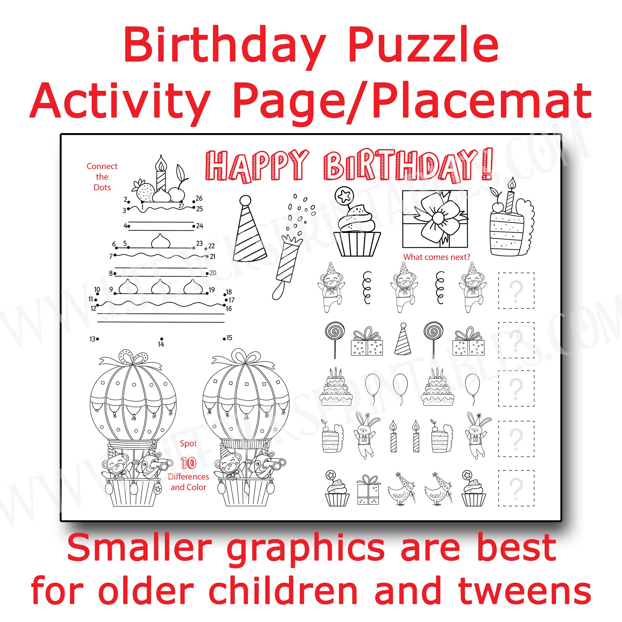 Set de table puzzle d'anniversaire : feuille d'activités pour fête d'enfants (téléchargement numérique)