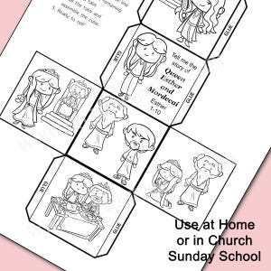 May include: Black and white line art of a cube with illustrations depicting scenes from the story of Queen Esther and Mordecai. Text includes "Tell me the story of Queen Esther and Mordecai" and "Use at Home or in Church Sunday School."
