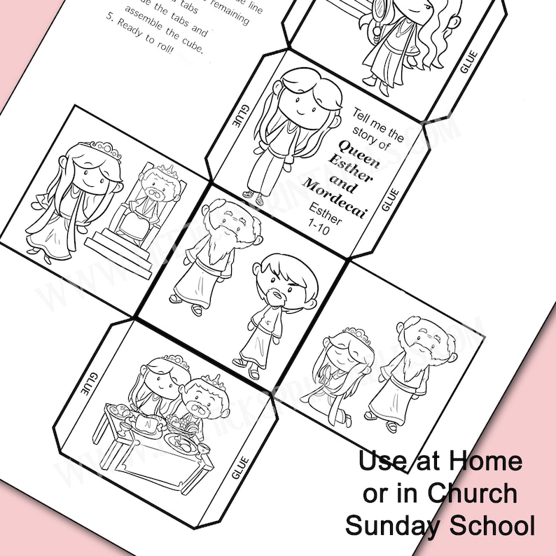 May include: Black and white line art of a cube with illustrations depicting scenes from the story of Queen Esther and Mordecai. Text includes "Tell me the story of Queen Esther and Mordecai" and "Use at Home or in Church Sunday School."