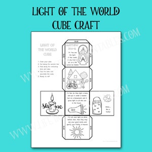 以下が含まれることがあります： 「Light of the World Cube Craft」と題された、白黒印刷可能なキューブクラフト。 キューブには、ランタン、家、ろうそく、太陽のイラスト、聖書の詩、組み立ての説明が描かれています。