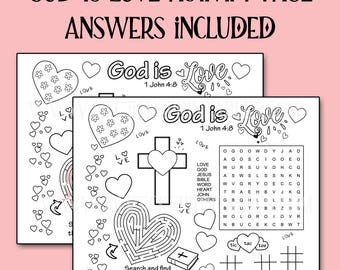 Página de actividades sobre Dios es amor: colorear la Biblia, sopa de letras, laberinto (descarga en PDF)