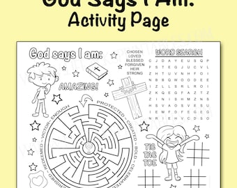 Gott sagt, ich bin Aktivitätsseite: Bibel Affirmationen, Färbung, Labyrinth (PDF-Download)