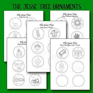 May include: A set of printable Jesse Tree ornaments featuring black and white illustrations of biblical scenes. The ornaments are labeled with the day of the Jesse Tree and the corresponding scripture reference. The text "The Jesse Tree Ornaments" is at the top of the page.