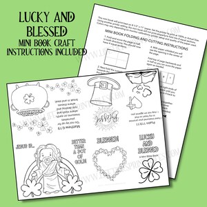 May include: A black and white printable mini book craft sheet with the text "Lucky and Blessed" and instructions. The sheet includes illustrations of a pot of gold, a leprechaun hat, and a heart-shaped wreath of clovers.
