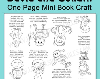 May include: A black and white printable one-page mini book craft titled David and Goliath. The sheet features eight sections with line art illustrations of characters and scenes from the story, accompanied by descriptive text in English.