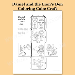 Pode incluir: Um cubo de colorir em preto e branco intitulado "Daniel e a Cova dos Leões". O cubo apresenta ilustrações de Daniel, leões e outras figuras bíblicas. As instruções para colorir, cortar, dobrar e colar o cubo estão incluídas.
