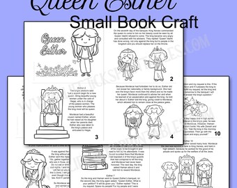 May include: A black and white printable Queen Esther small book craft featuring line art illustrations of characters and scenes from the story, accompanied by numbered text sections detailing the narrative from page one through twelve.