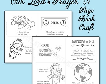 May include: A black and white printable book craft titled Our Lord's Prayer 1/4 Page Book Craft. The pages feature line art illustrations including grapes, bread, a dollar sign, an angel, praying hands, Jesus, and a globe with a heart.