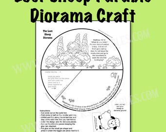 May include: A black and white printable craft sheet titled Lost Sheep Parable Diorama Craft. It features a circular template with line drawings of a shepherd, sheep, trees, and text from Matthew 18:12-13, along with assembly instructions.