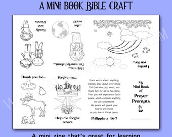 Può includere: Un foglio stampabile in bianco e nero per un mini libro intitolato Prayer Prompts, con varie illustrazioni tra cui un globo, un arcobaleno, un alce e una torta, insieme a testi come He Lives e Philippians 4:6-7 per l'educazione religiosa.