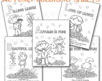 Puede incluir: Cinco hojas para colorear en blanco y negro con temas otoñales que muestran niños jugando entre hojas. Las páginas incluyen textos como Falling Leaves, Love of Leaves, Autumn is Fun, Beautiful Leaves y Time for Fall Fun, junto con versículos bíblicos.
