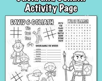 May include: A black and white activity page titled David and Goliath featuring a word search, tic-tac-toe grids, and an unscramble the words section. Illustrations include a king, a sheep, a slingshot, and a warrior holding a spear and shield.