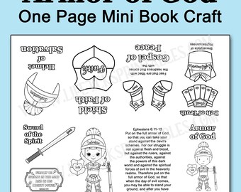May include: A black and white printable craft sheet titled Armor of God One Page Mini Book Craft. It features line art illustrations of a helmet, shield, belt, sword, and a character wearing armor, along with text from Ephesians 6:11-13.