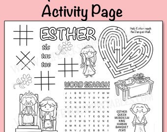Königin Esther Bibelgeschichte Aktivität: Malseite, Wortsuche, Labyrinth (PDF-Download)