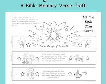 Puede incluir: Una hoja de manualidades en papel blanco y negro titulada Let Your Light Shine Crown. Presenta un sol, estrellas, velas, una casa y una persona sosteniendo una linterna, con el texto You are the light of the world y Matthew 5:14-16.