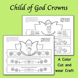 Puede incluir: Corona imprimible en blanco y negro para niños. La corona presenta un corazón con las palabras "Soy un hijo de Dios" y un diseño floral. La corona está diseñada para ser recortada y usada. La manualidad incluye versículos bíblicos e instrucciones de montaje.