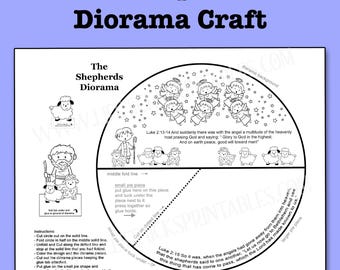 May include: A black and white printable craft sheet titled The Shepherds Diorama Craft. It features line art illustrations of angels, sheep, and a shepherd, along with text from Luke 2:13-15 and step-by-step assembly instructions for the project.