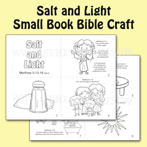May include: A small book Bible craft titled "Salt and Light" with illustrations and text from Matthew 5:13-16 NKJV. The cover features the title and a salt shaker illustration. Inside, there are drawings of Jesus and other figures.