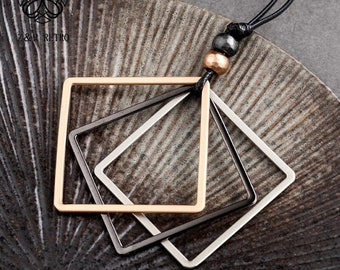 Square Long Chain Geometric Pendants Metal Unicorn Jewelry For Women Wholesale Statement Necklace Female Decoration Accessories AnwarDZ